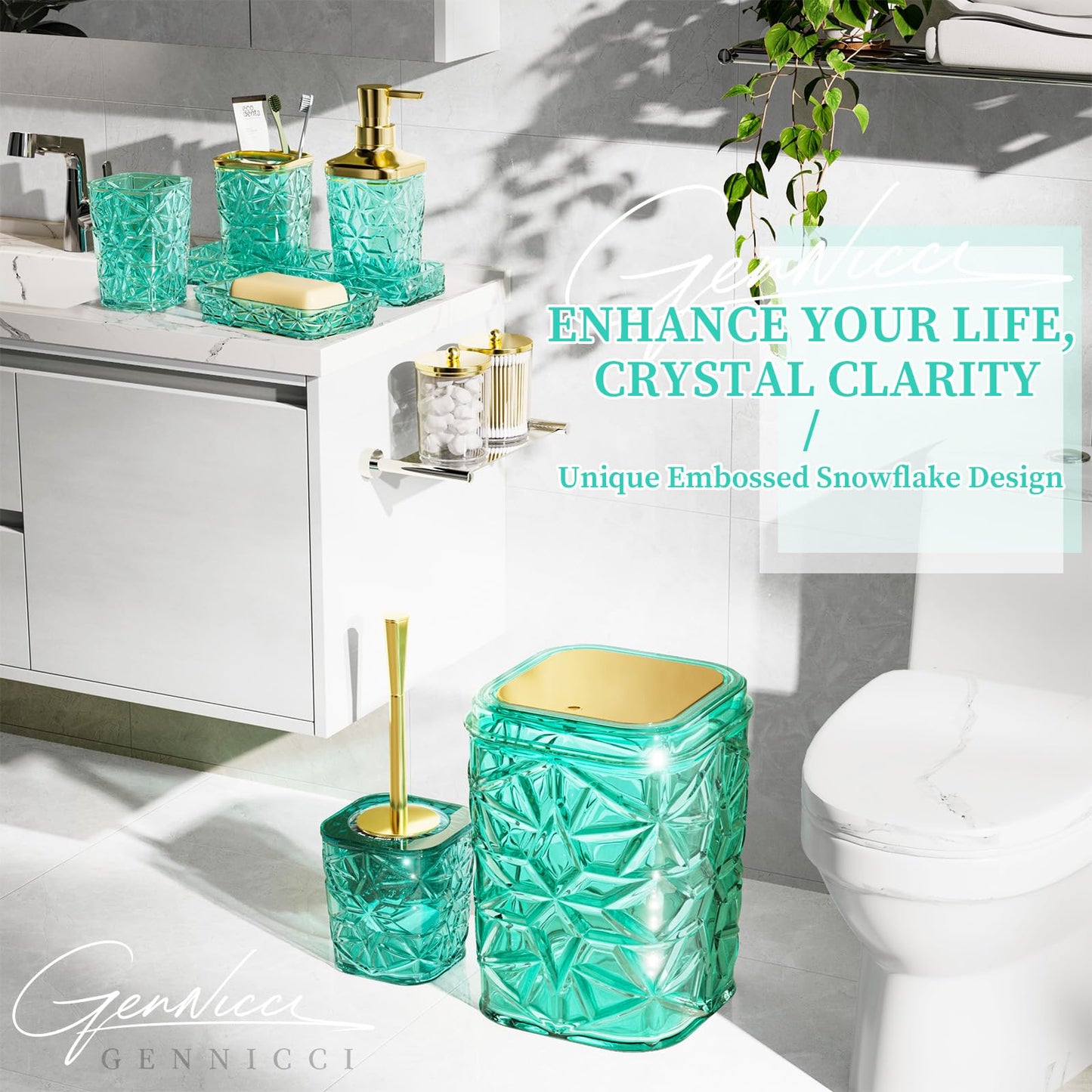 Bathroom Accessory Set, 9-Piece Teal Bathroom Set with Trash Can, Toilet Brush, Soap Dispenser, Soap Dish, Toothbrush Holder, Tumbler, Q-tip Holders & Tray, for Hotel/Apartment, Housewarming Gift