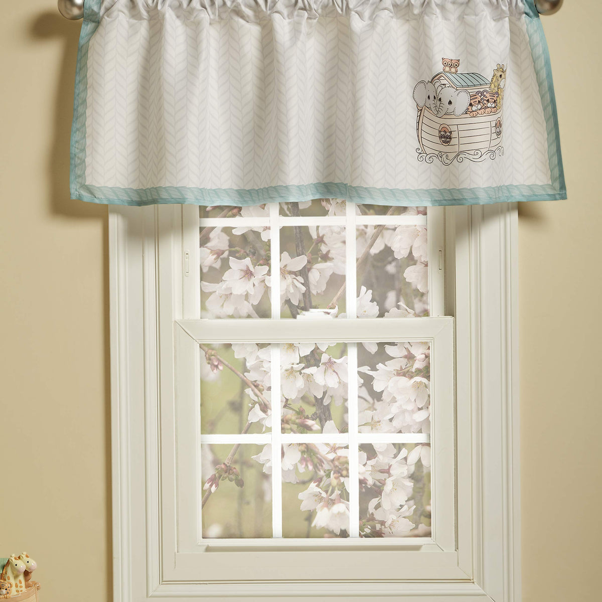 EVERYDAY KIDS Precious Moments Noah’s Ark Window Valance for Toddler and Baby Boys Animal Image of Giraffes, Tigers and Elephants on the Ark with Blue Border - 60x15” Window Décor for Children