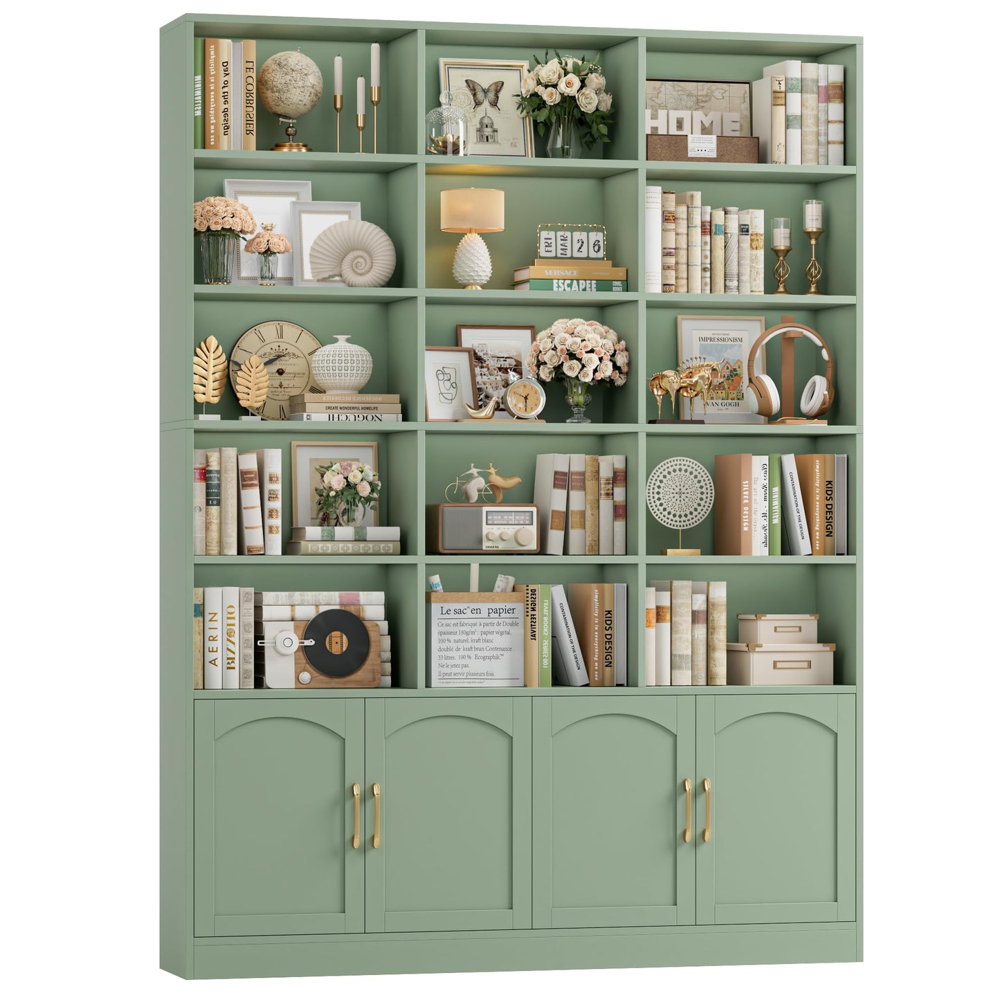 FACBOTALL 82.3" Triple Wide Bookshelf, 7-Tier Tall Bookcase with 15-Cube Open Bookshelf & 4 Doors, Large Bookshelf with Storage Cabinet, Modern Bookshelf for Living Room, Office, Study Room, Green