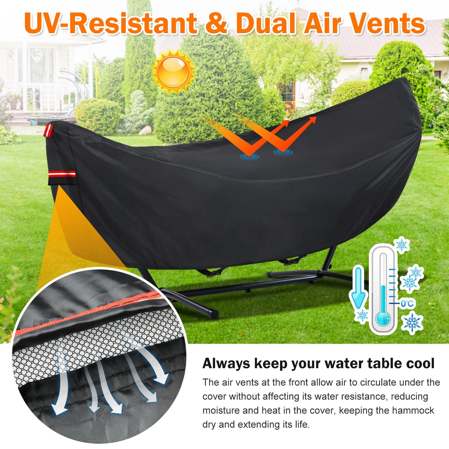 Waterproof 11-12 FT Hammock Cover, 210T Sun Rain UV Dust Snow Protection Outdoor Hammock Covers with Windproof Straps & Soft Cotton Lining for 11-12ft Stand