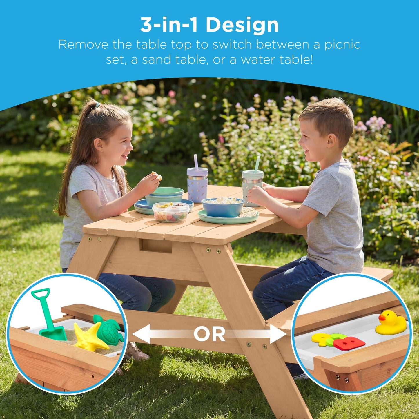 Best Choice Products Kids Picnic Table with Umbrella, 3-in-1 Sand & Water Table, Outdoor Convertible Picnic Table for Toddlers, Seats 4, Removable Top, 2 Buckets - Navy