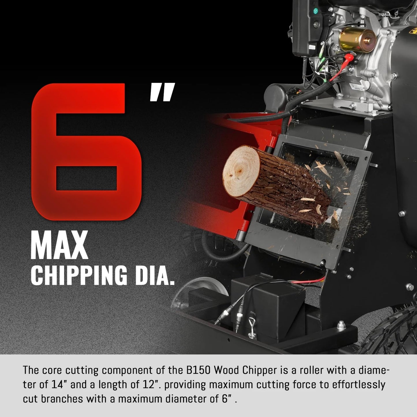 MechMaxx 6 inch ZONSEN 459cc 15hp E-Start Gas Powered 4-Wheels Wood Chipper Shredder Mulcher with Towbar/Tail Light/Emergency Stop Button/Stop Bar, Model B150 Red