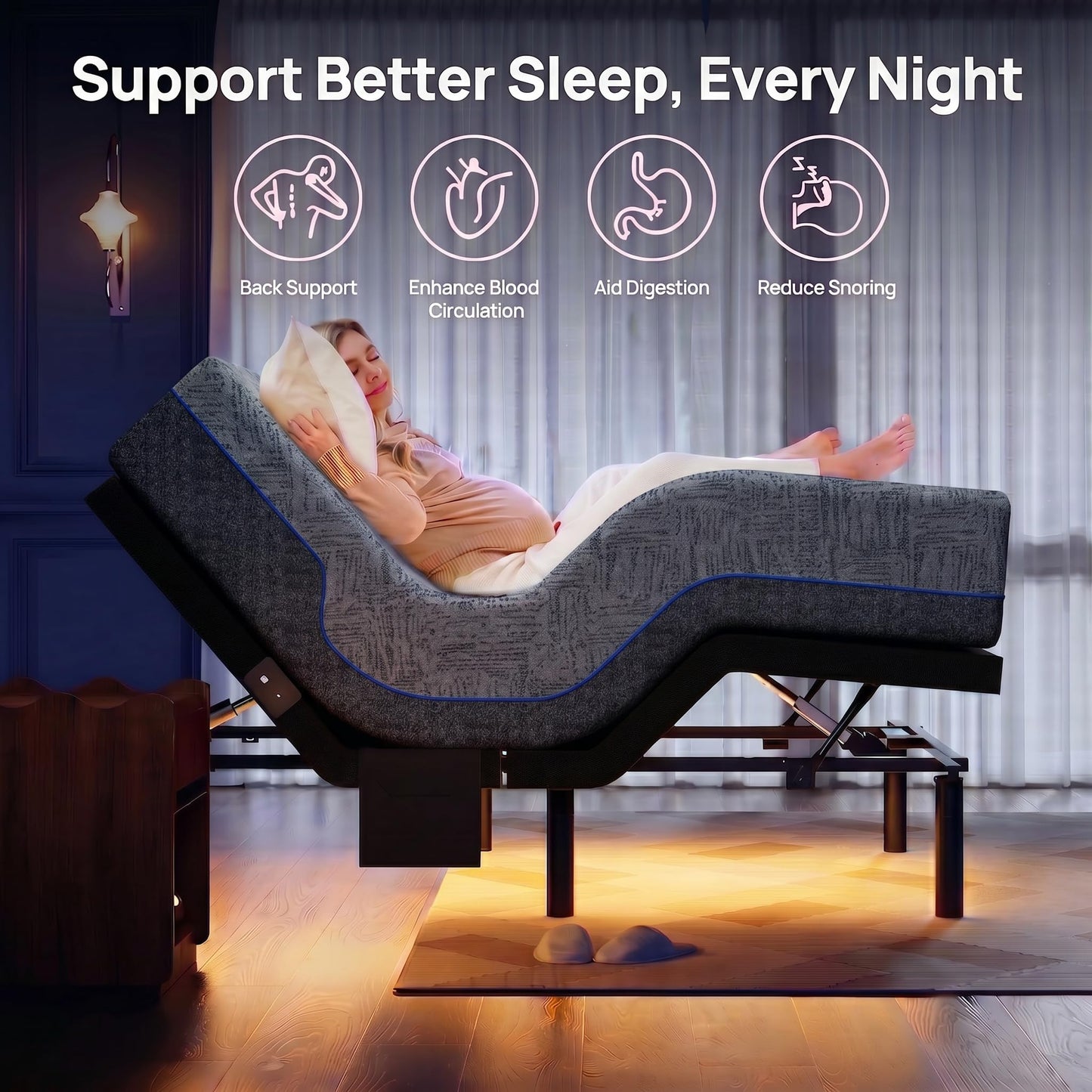 Marsail Queen Adjustable Bed Frame with Massage, Electric Adjustable Bed Base with Head & Foot Incline, Quiet Motor Adjustable Bed Frame with USB Ports, LED Light, Height-Adjustable Legs