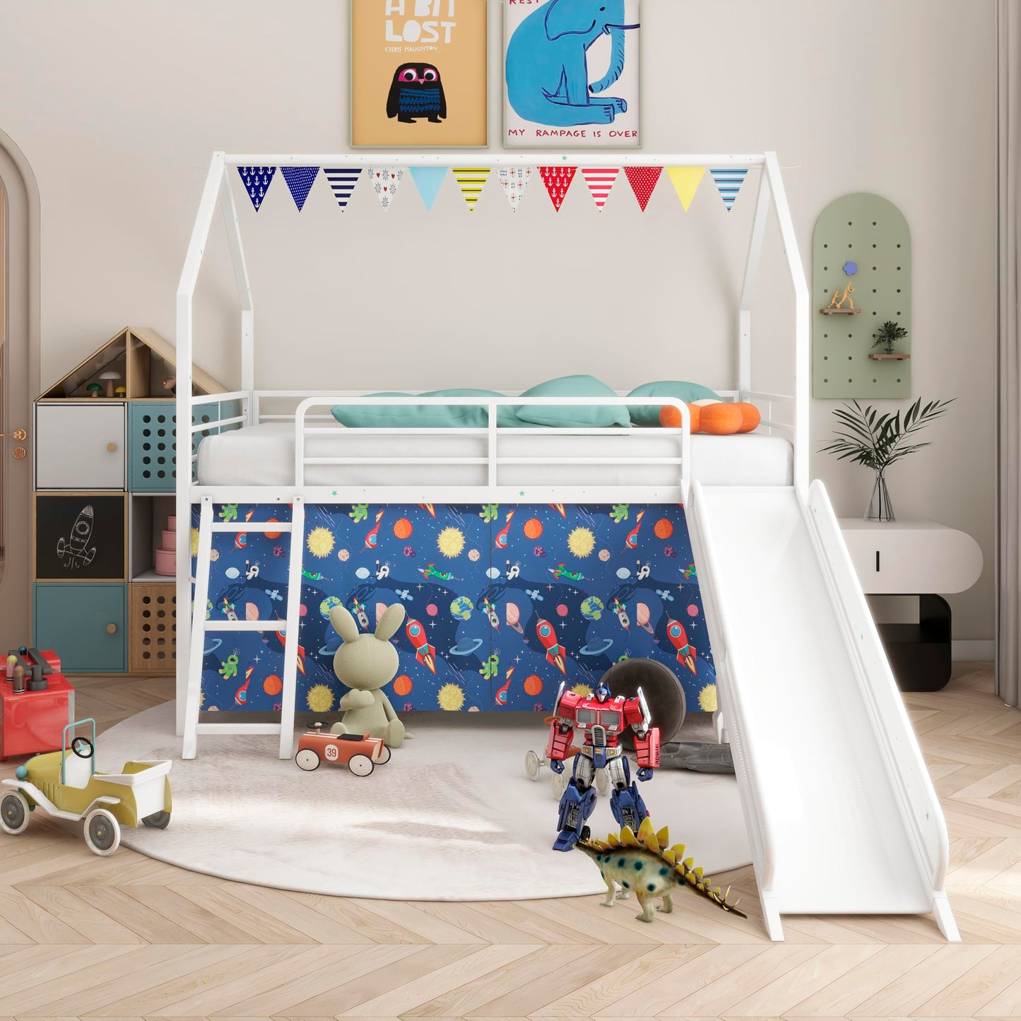 Metal Junior House Twin Loft Bed with Slide and Curtain Set and Pennant Banner Flag and Star Stickers, White with Blue