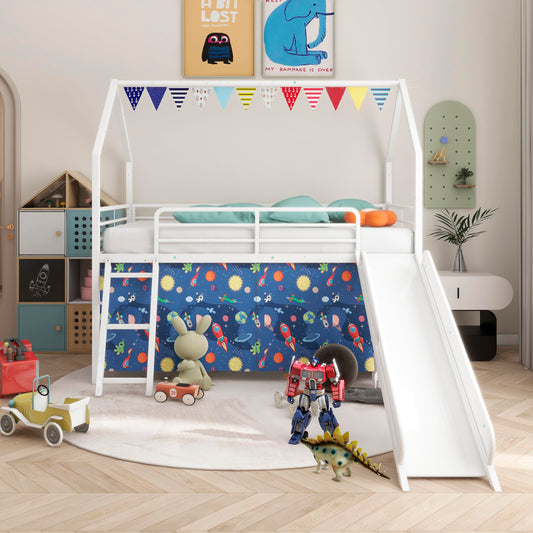 Metal Junior House Twin Loft Bed with Slide and Curtain Set and Pennant Banner Flag and Star Stickers, White with Blue
