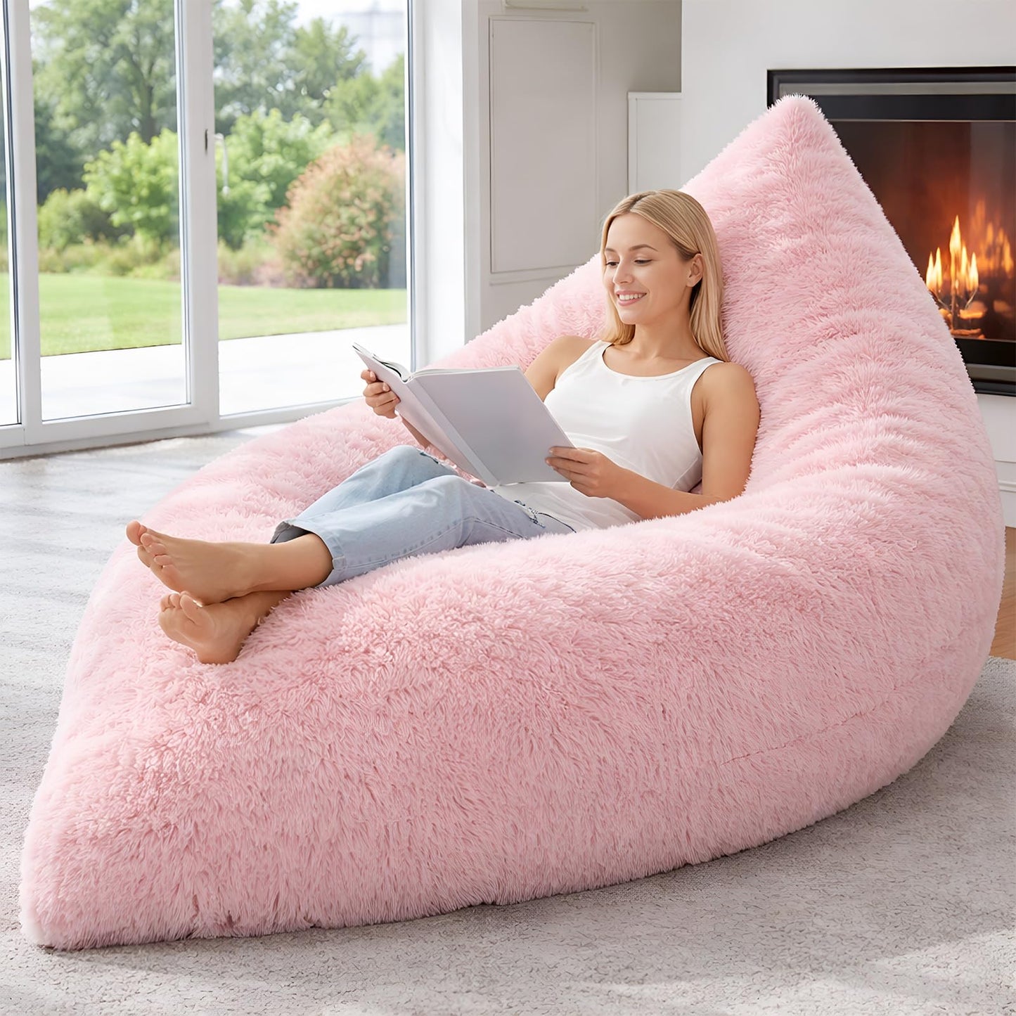 Cinnvoice Big Pink Bean Bag Chair Cover Only (No Filler) Extra Large Convertible Bean Bag Lazy Floor Cushion Sofa Cover Faux Fur Washable Stuffed Animal Storage for Adults Bedroom Living Room