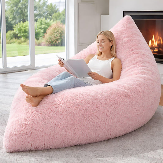 Cinnvoice Big Pink Bean Bag Chair Cover Only (No Filler) Extra Large Convertible Bean Bag Lazy Floor Cushion Sofa Cover Faux Fur Washable Stuffed Animal Storage for Adults Bedroom Living Room