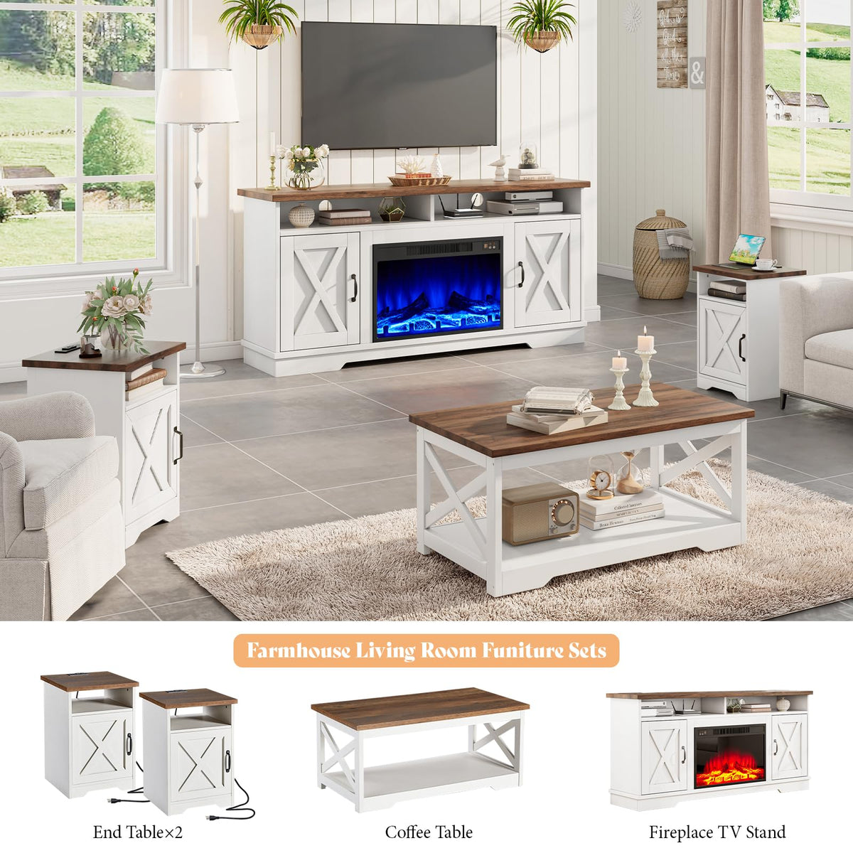 AMERLIFE Farmhouse Living Room Table Set with 63 Inch Fireplace TV Stand