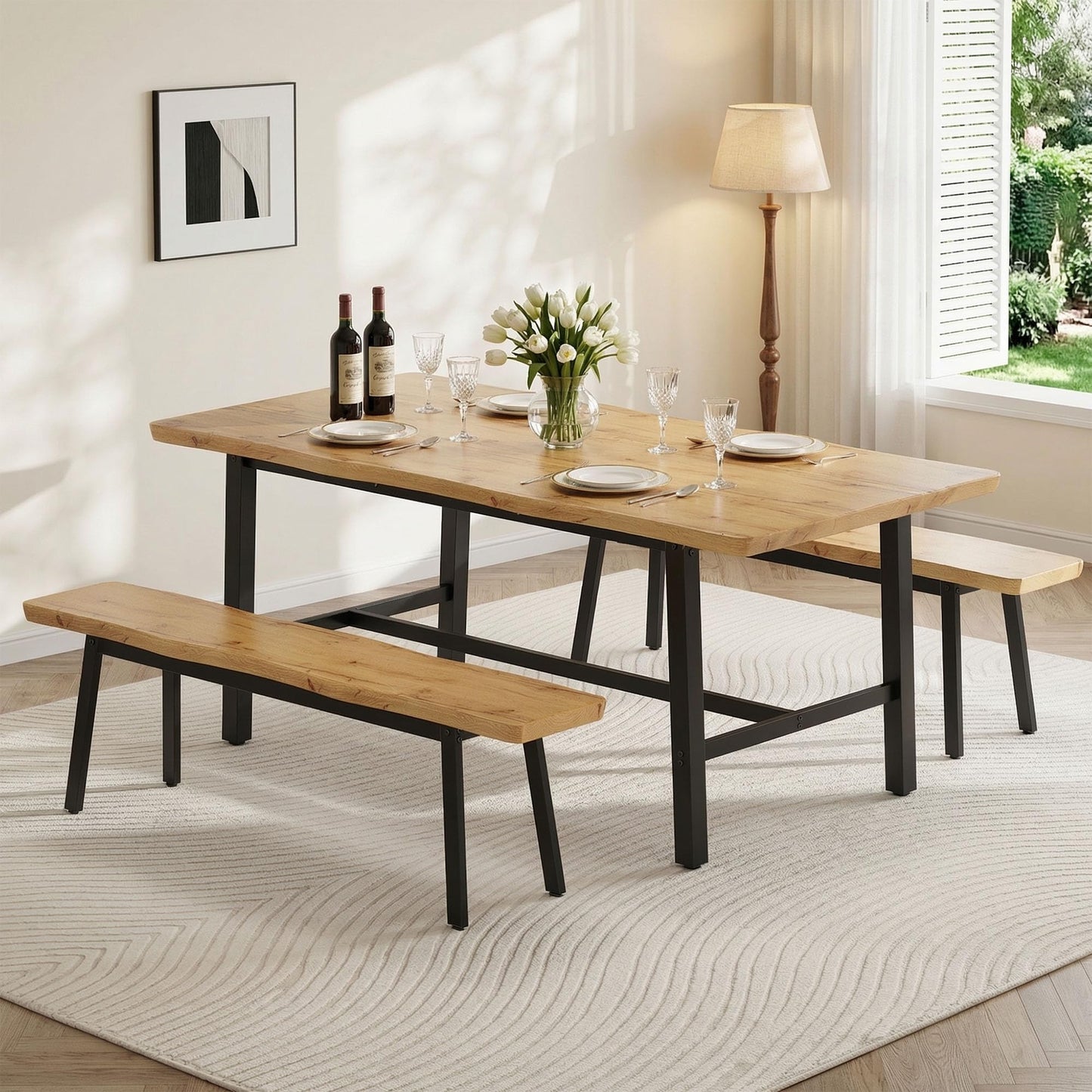 FUQARHY 59” Dining Bench Pair of 2 for 6-8 Person, Farmhouse Long Kitchen Table Benches, Entryway Bench, Indoor Bench (Oak)
