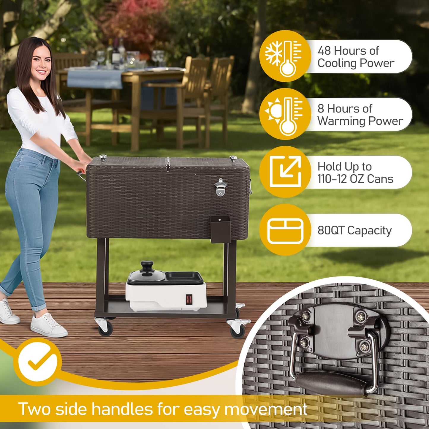 Outvita 80 Quart Rolling Ice Chest, Portable Bar Drink Cooler with Catch Basin, Bottom Storage Tray and Bottle Opener for Patio Party BBQ Beach Activities (Rattan)