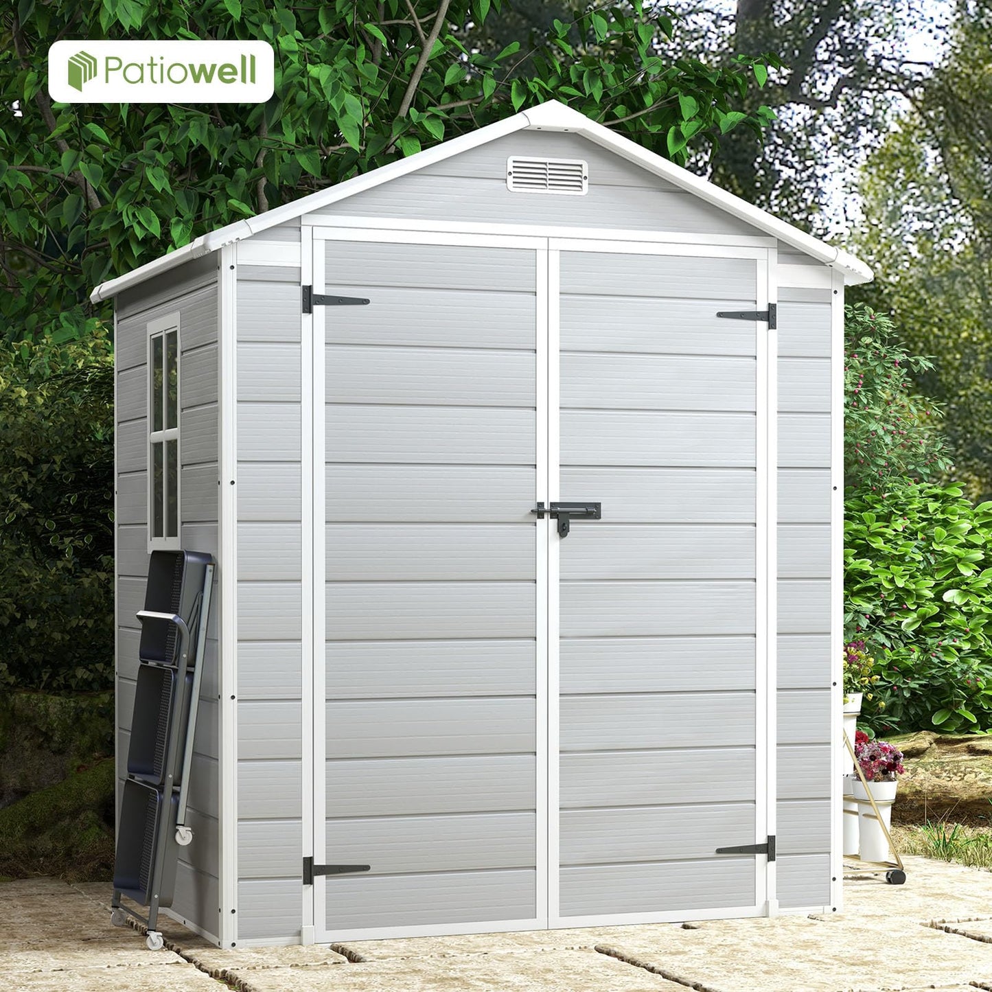 Patiowell 6 x 4 FT Plastic Outdoor Storage Shed with Floor, Resin Outside Sheds with Window, Garden Tool Shed with Lockable Door for Patio Storage, Backyard, Light Gray