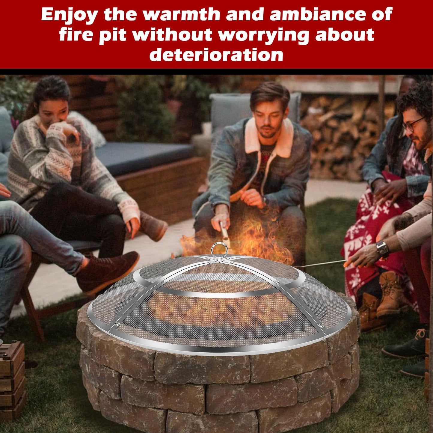 Fire Pit Spark Screen,24 Inch Fire Pit Screen Cover Stainless Steel Outdoor with Handle&Poker,Firepit Screens Cover Round Mesh Lid Heavy-Duty Steel Replacement for Backyard/Beach/RV Camping