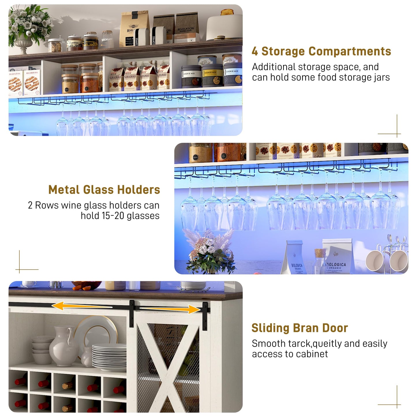 63"Wide 58"H Farmhouse Coffee Bar Cabinet with Power Outlet and LED Light,Wine Bar Cabinet w/ 4 Storage Hutch,Kitchen Buffet Cabinet with 15 Wine and Glass Racks for Kitchen Dining Room(Antique White)