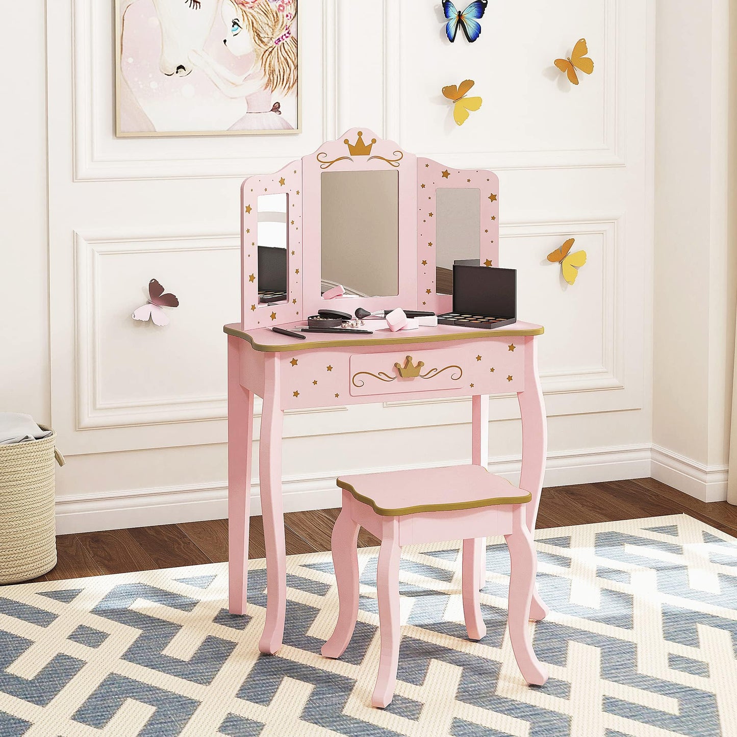 UTEX Kids Vanity Set with Mirror and Stool, Kids Make Up Vanity Desk with Mirrror for Little Girls, Children Makeup Dressing Table with Drawer, Pink