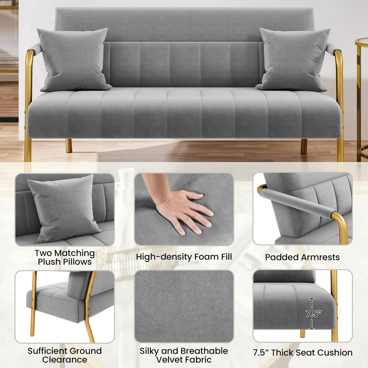 Yaheetech 56.5" Small Sofa 2 Seater Couch with Gold-Tone Legs, Light Gray