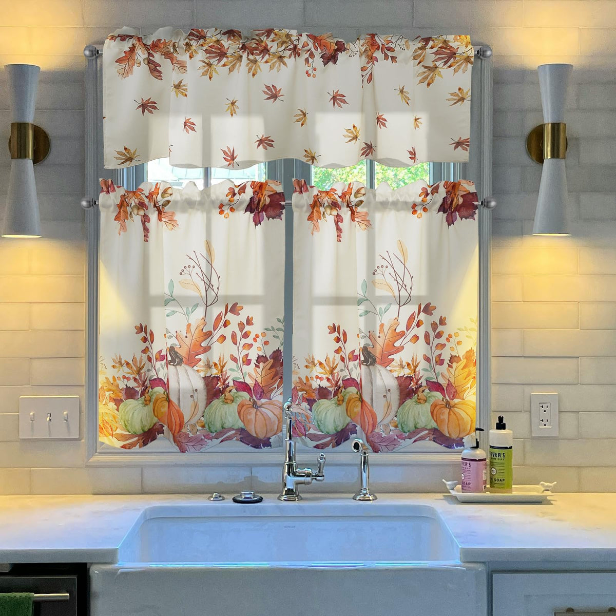 Zifmrtrwn Fall Kitchen Curtains 3 Piece Set Pumpkin Maple Leaves Curtains Valance & Tiers for Kitchen Home Indoor Cafe 36 Inch Short Window Curtain Over Sink Window Farmhouse Thanksgiving Decor