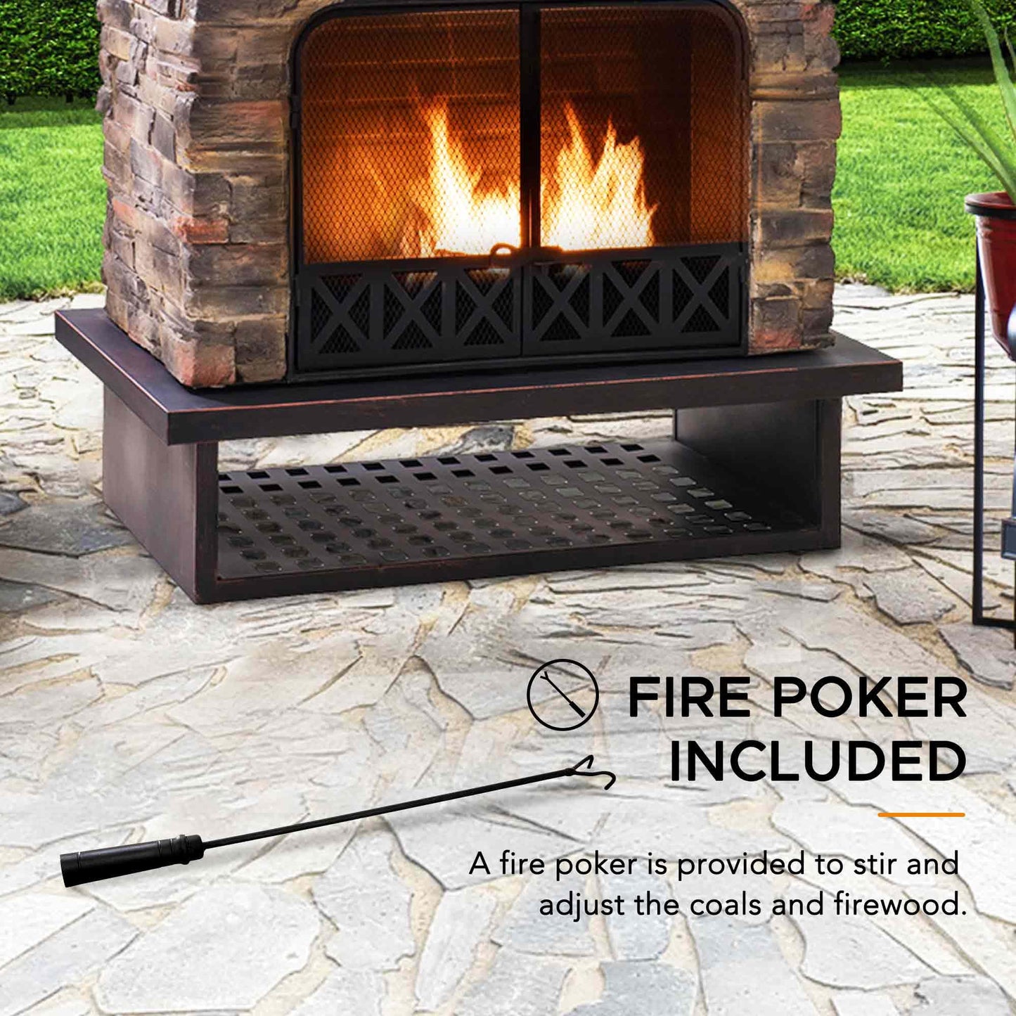 Sunjoy Outdoor Fireplace, Heavy Duty Patio Wood Burning Fireplace with Steel Chimney, Mesh Spark Screen Doors, Removable Grate and Fire Poker, Black