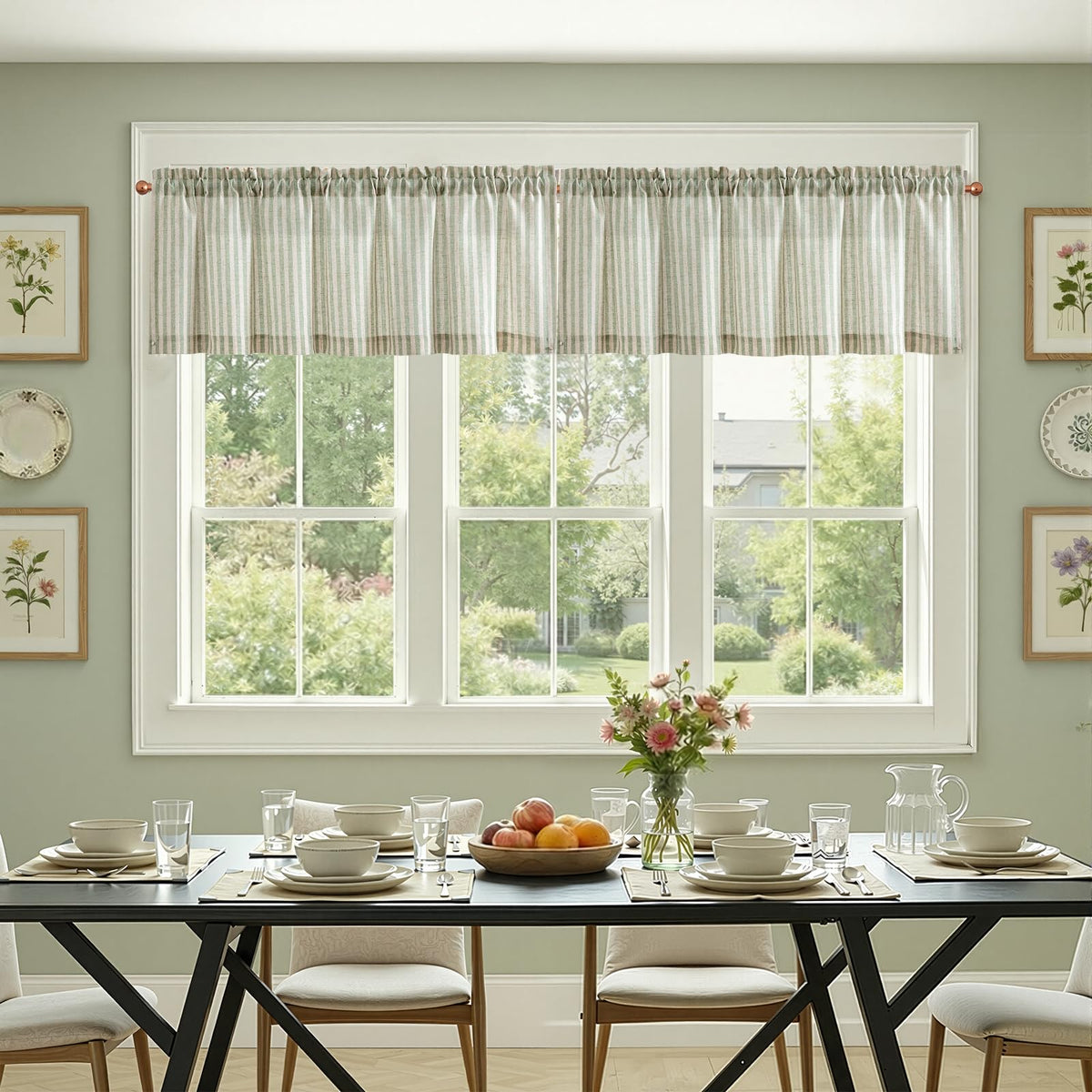 jinchan Linen Boxter Stripe Valances for Window 16 inch,Sage Green,1 Panel