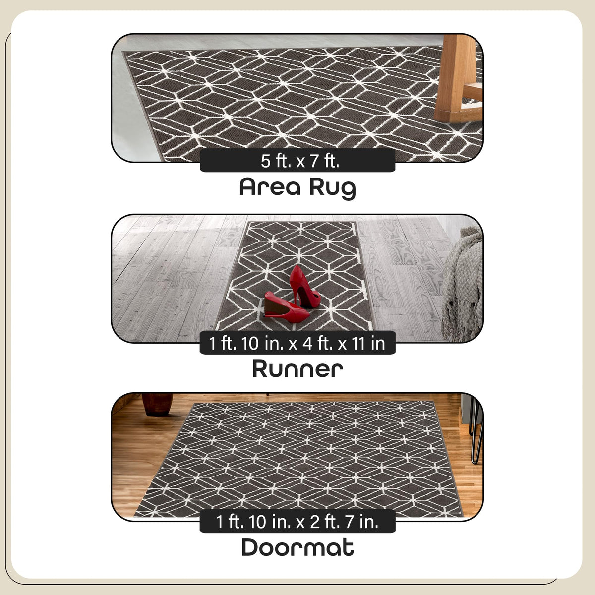 ACHIM 3-Piece Indoor Area Rug Set, Décor, Zara Grey, Non-Slip