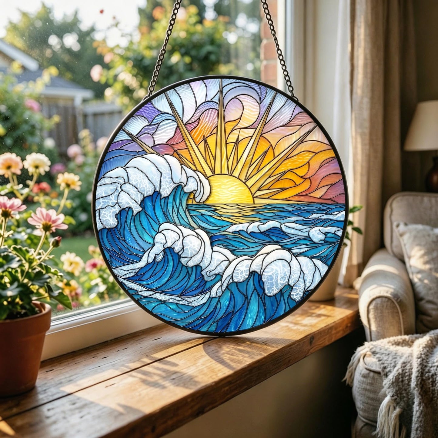 Suncatcher for Window | 3D Embossed Stained Glass Ocean Sunrise Beach Design | Diamond Glass Rainbow Maker with Crystal Chime Gift Box Set | Coastal Decor Gift