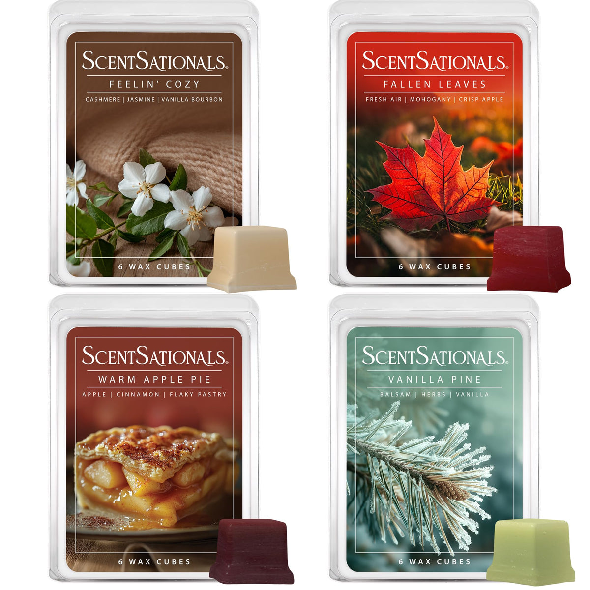 Scentsationals Fall Wax Melts - Harvest Home 4-Pack – Long Lasting Wax Cubes with Strong Scent for Warmers – Includes Warm Apple Pie, Vanilla Pine, Fallen Leaves & Feelin Cozy - 10oz (24-Cubes)