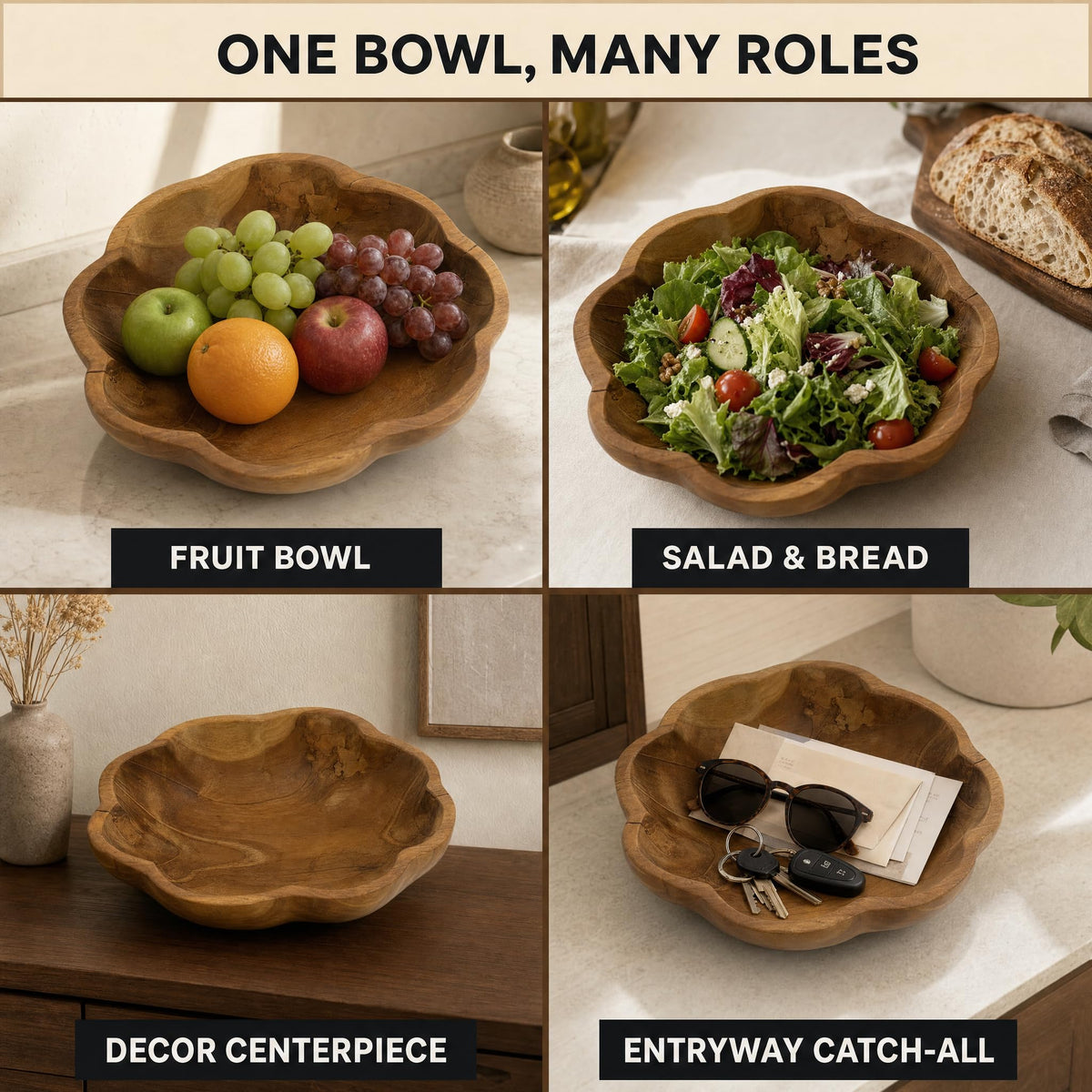 Decorative Wooden Bowl, Large Fruit Bowl for Kitchen Counter, Teak Wood