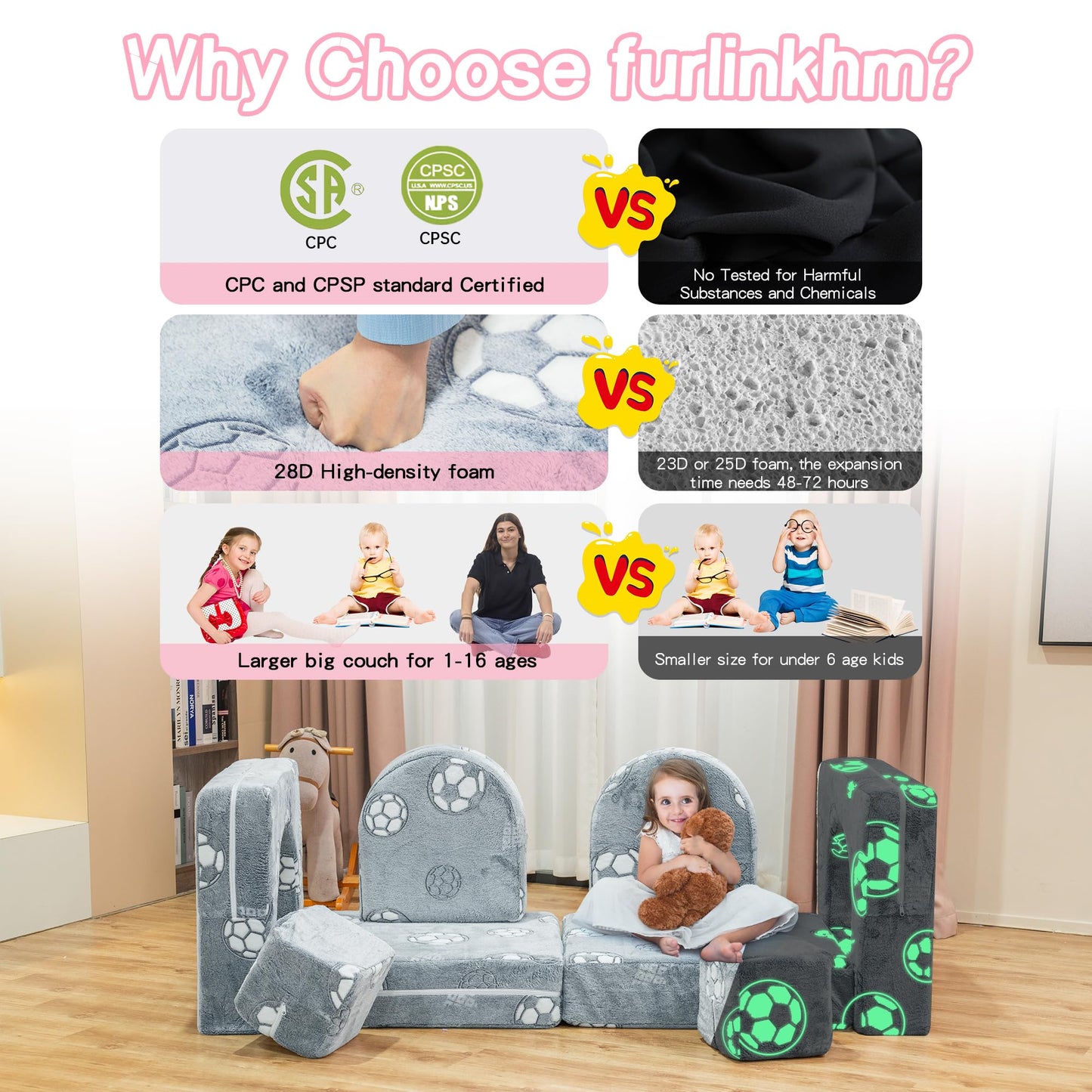 furlinkhm Modular Kids Play Couch, Kids Couch for Playroom Bedroom, Glow in The Dark, 5 Seconds Instant Expansion, Glowing Football, Grey