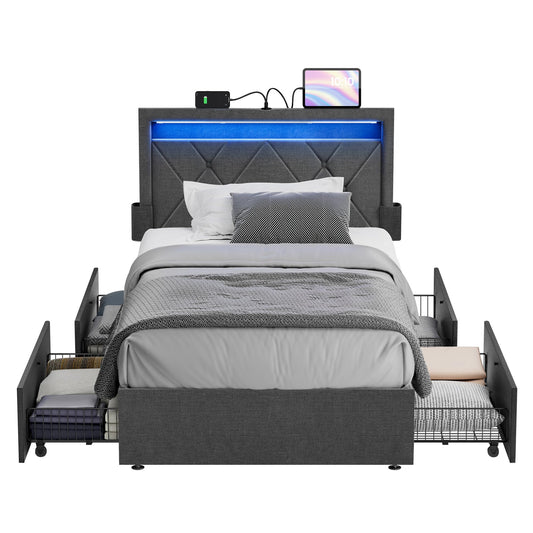 VASAGLE LED Bed Frame Twin Size, Twin Bed with Headboard and 4 Drawers, 1 USB Port and 1 Type C Port, Adjustable Upholstered Headboard 37.1/39.6 Inches, No Box Spring Needed, Dark Gray URMB823G71