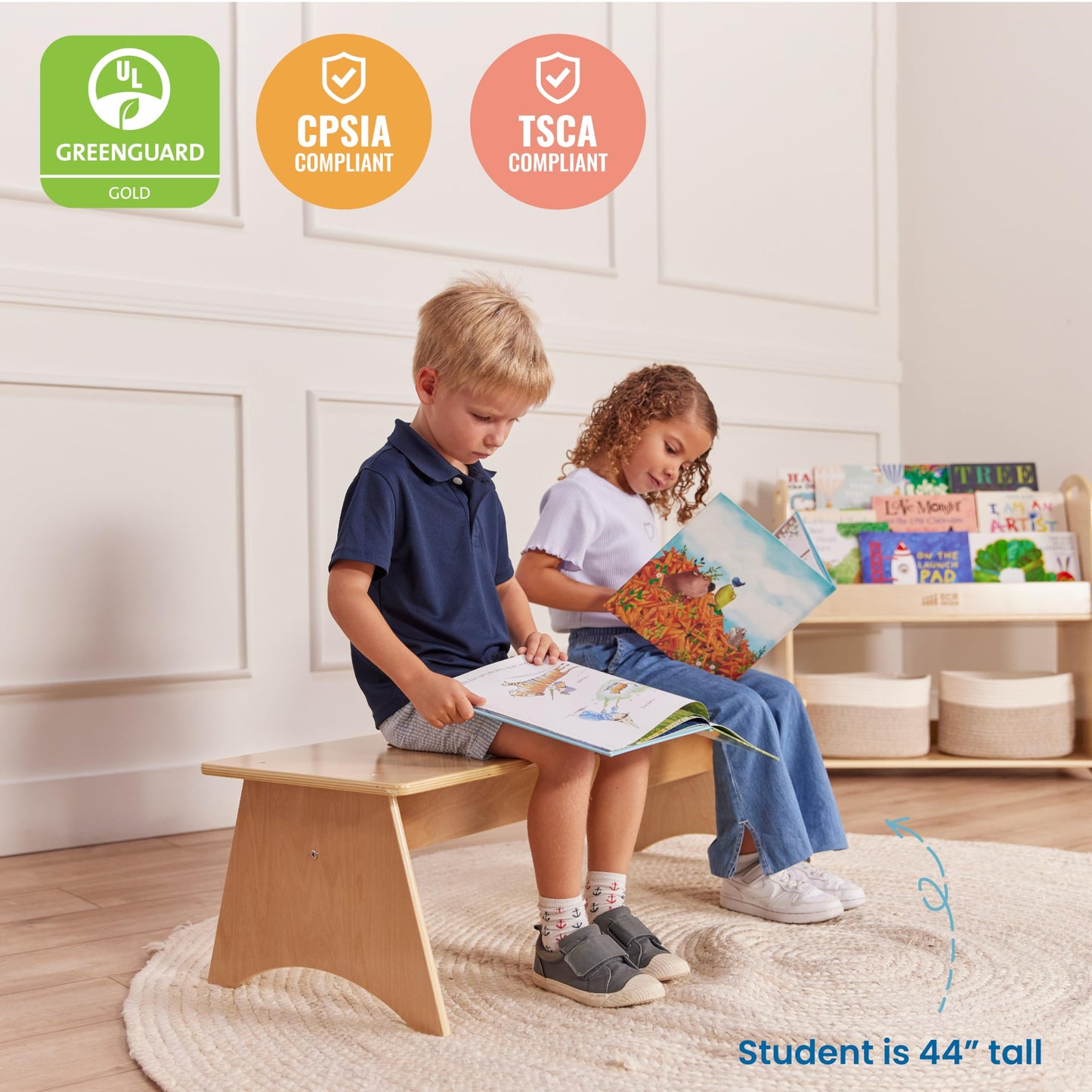 ECR4Kids Wooden Kiddo Classroom Bench, 12in Seat Height, Childrens Furniture, Natural