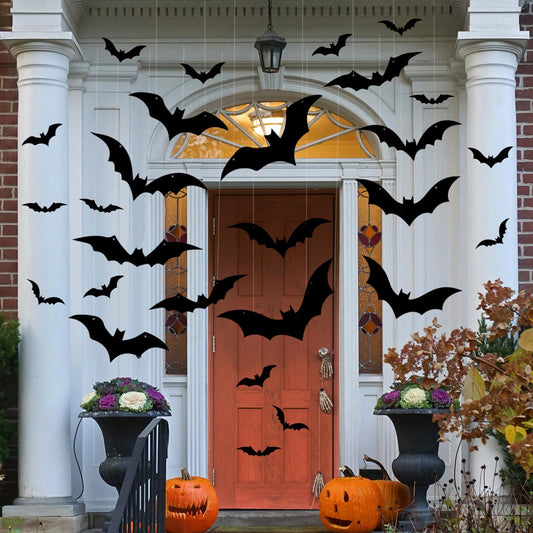 24 Pcs Hanging Bats Halloween Decoration 3D Halloween Bats Wall Decor 3 Different Size bat Decorations for Tree Porch Yard Lawn Indoor Outdoor
