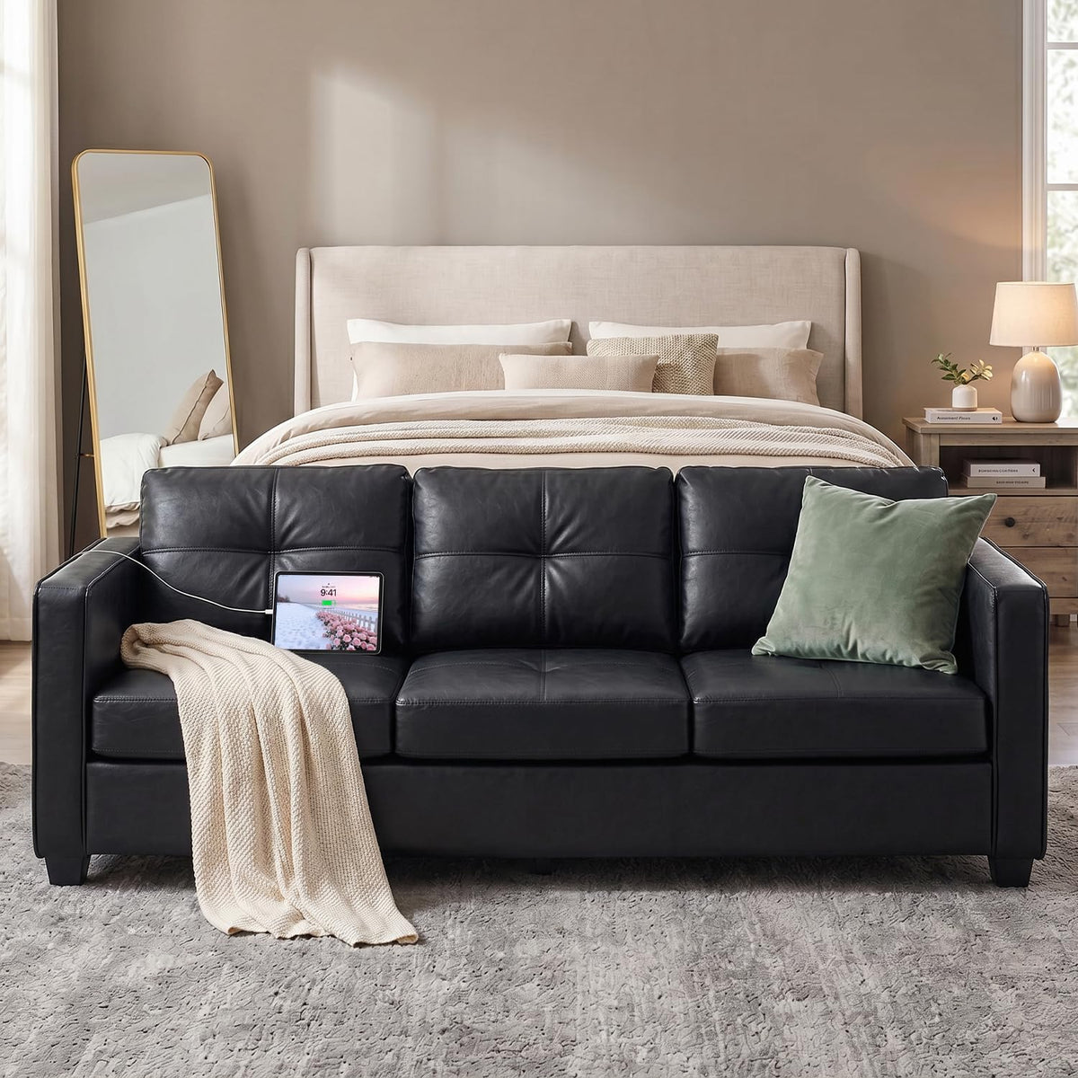 88'' Black Faux Leather Couch w/ Charging, 3 Seater Living Room Office Sofa