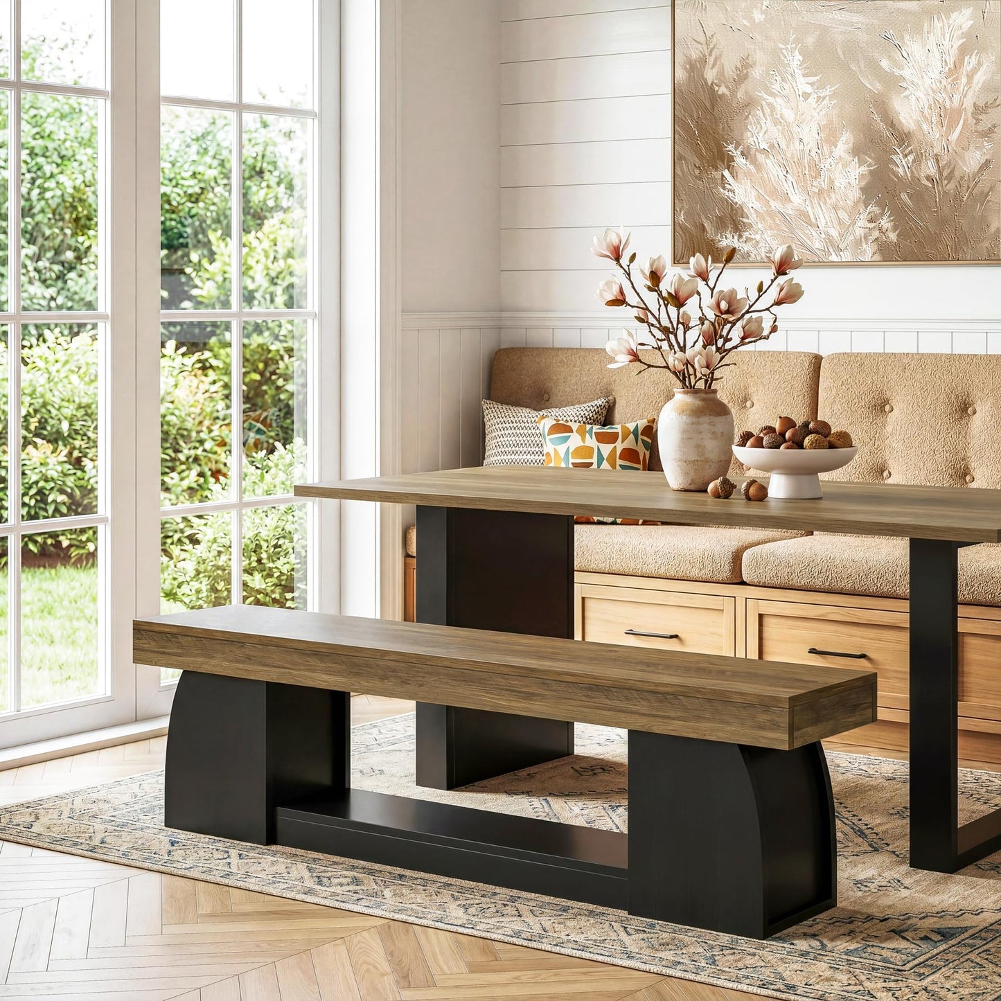 Tribesigns 63 Inch Dining Bench, Farmhouse Long Kitchen Table Bench with Sturdy Frame, Wooden Indoor Kitchen Dining Seat for Dining Room, Living Room, Restaurant, Brown & Black