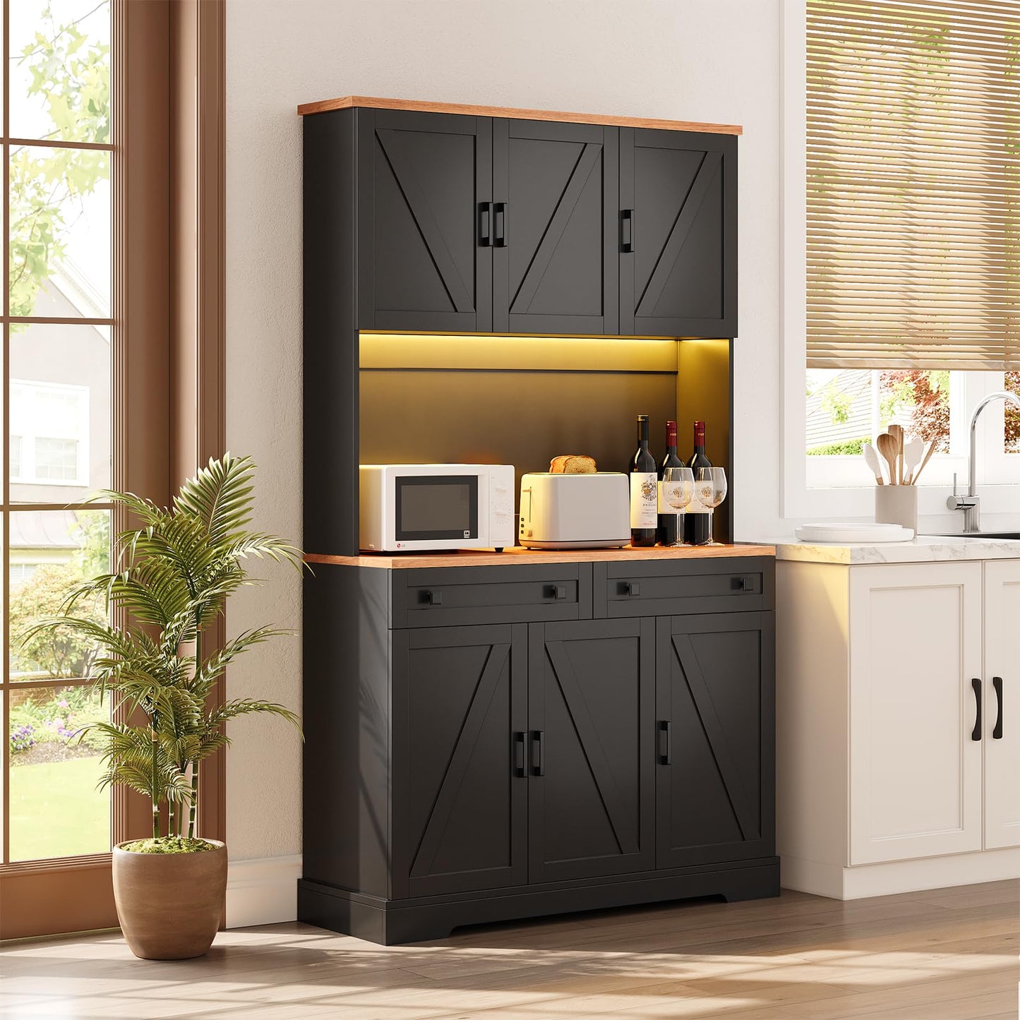 ELYKEN 71" Pantry Cabinet with Charging Station & LED Lights, Tall Kitchen Pantry with Hutch, Microwave Stand, Farmhouse Pantry with Door Shelf & Drawer & Adjustable Shelf for Dining Room, Black