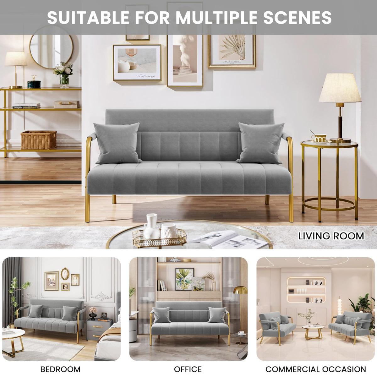 Yaheetech 56.5" Small Sofa 2 Seater Couch with Gold-Tone Legs, Light Gray