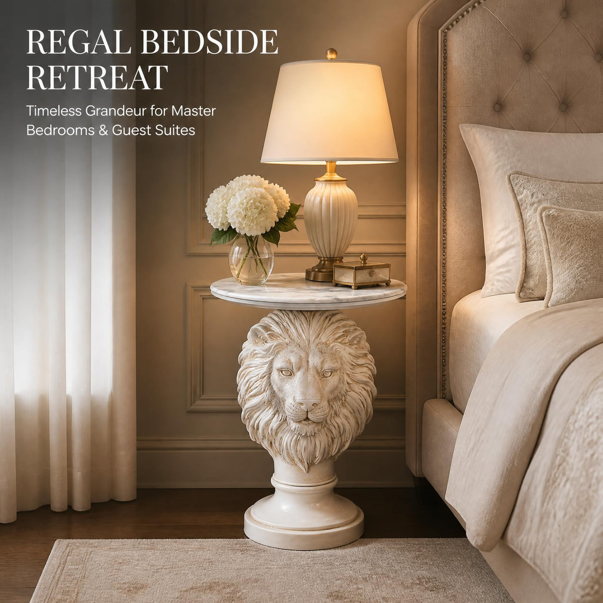 Eshiaeid White Lion Head Sculptural Side Table with Faux Marble Top, 19.7" Round Animal End Table, 25.6" H Majestic Accent Nightstand for Living Room & Bedroom, Luxury Housewarming Gift