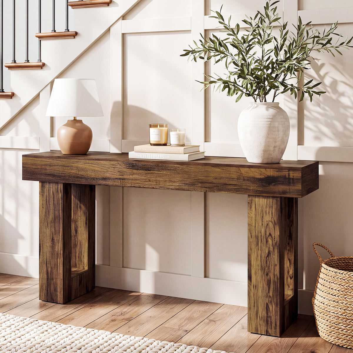 LITTLE TREE 63 Inches Long Sofa Table, Industrial Console Table for Entryway, Wooden Sofa Table for Living Room, Behind Couch Table, Rectangle Hallway Foyer Table for Entrance, Rustic Brown