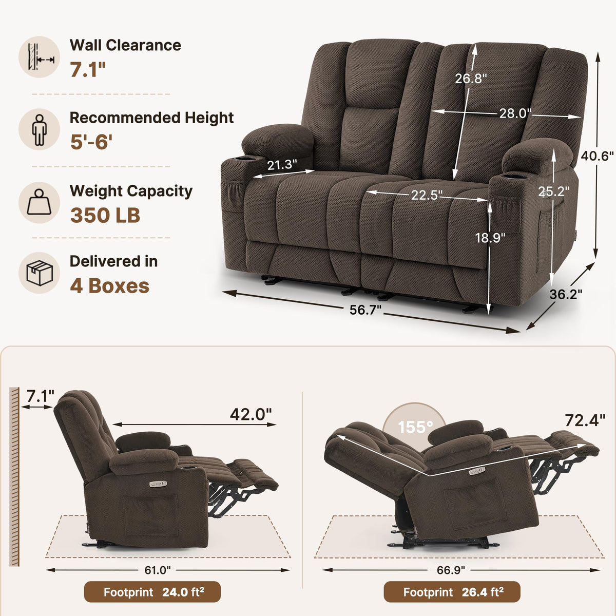 MCombo 57 in Power Reclining Loveseat with Massage and Heat 6034M1 (Brown)