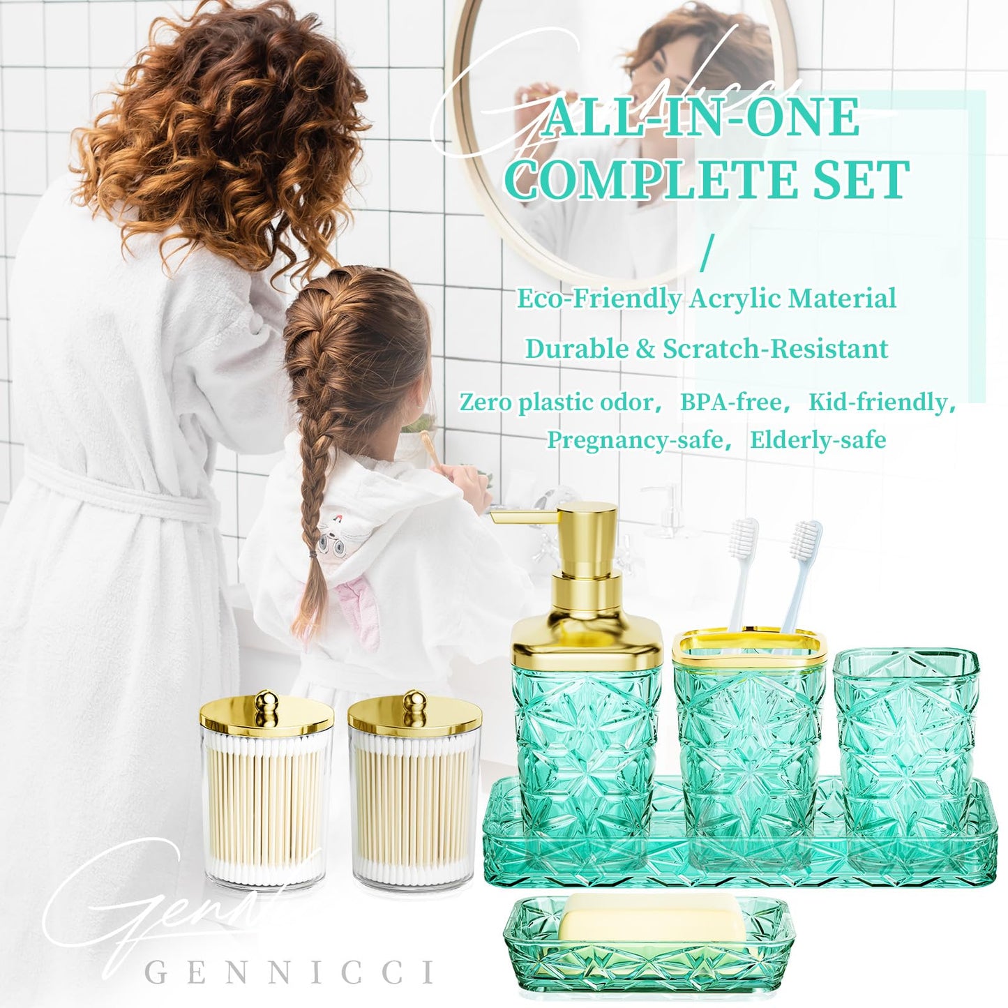 Bathroom Accessory Set, 9-Piece Teal Bathroom Set with Trash Can, Toilet Brush, Soap Dispenser, Soap Dish, Toothbrush Holder, Tumbler, Q-tip Holders & Tray, for Hotel/Apartment, Housewarming Gift