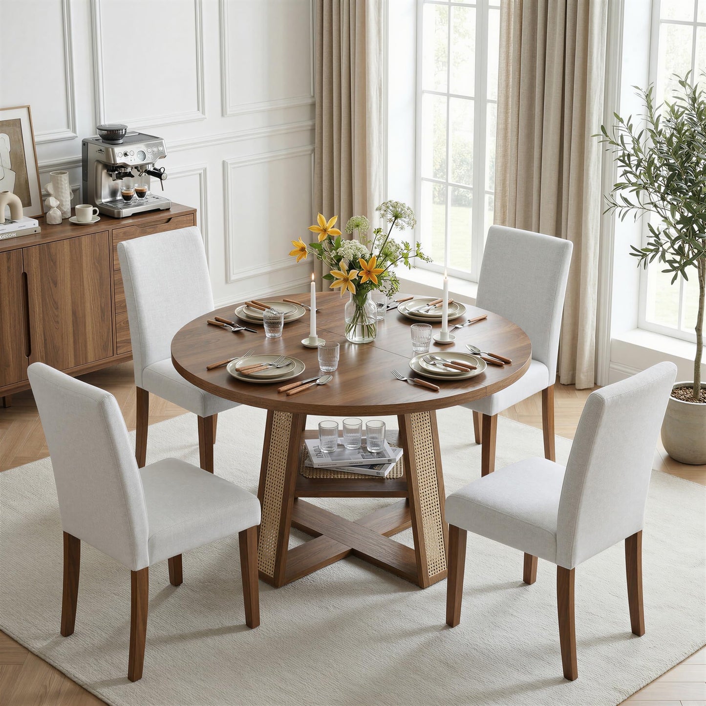 LIKIMIO 43"-59" Extendable Round Dining Table for 4-8, Transformer Oval Dining Room Table with Removable Leaves Space Saving, Wood Base Kitchen Table with Storage Shelf for Living Room, Walnut