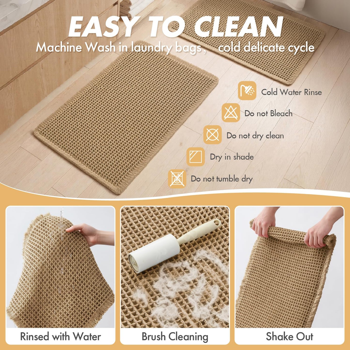 MIULEE Set of 2 Waffle Bathroom Rugs, Boho Bath Rugs Non Slip Washable, Super Absorbent Bath Mats, Ultra Soft Rubber Backed Shower Mats for Bathroom Floor, Tub and Shower, Brown, 18x30 Inch
