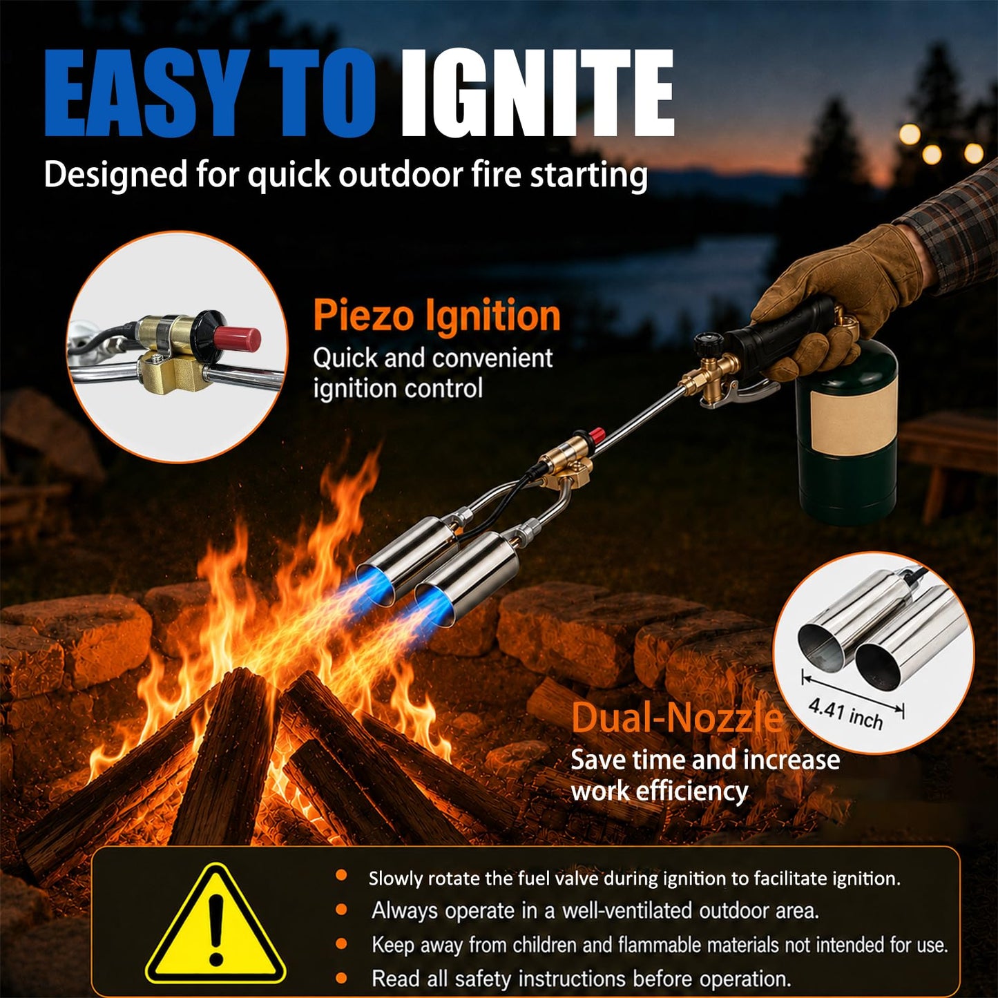 Dual-Nozzle Propane Weed Torch, Heavy Duty Weed Burner Torch with 11.5 FT Hose, Trigger Ignition & Adjustable Flame, Outdoor Propane Torch for Garden, Driveway, Patio, Wood, Ice and Snow, Black