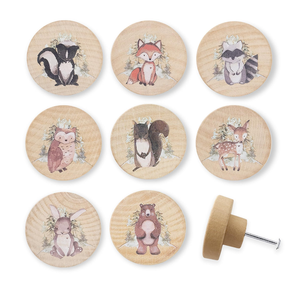 Lasyman 8Pack1.8 Natural Wood Nursery Dresser Cabinet Furniture Knobs Wooden Animal Cabinet Kids Cute Drawer Pulls
