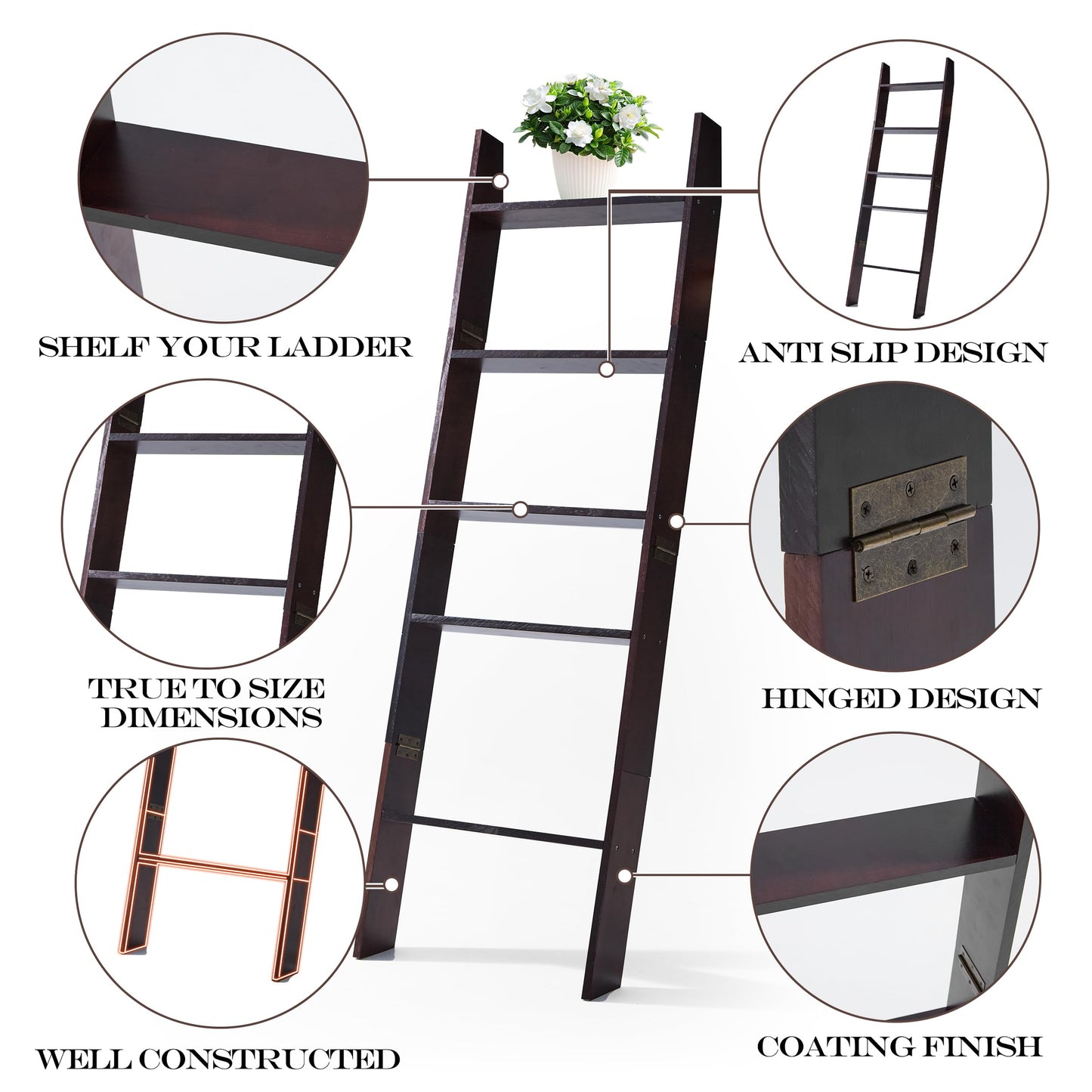 XUNIQUE 5-Tier Blanket Ladder for The Living Room, 4.8 FT Anti-Slip Decorative Ladder Shelf Leaning Quilt Rack, Lightweight, Easy Assemble, Wooden Blanket Rack (Brown)