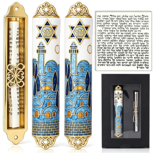 Upgrade Enamel Mezuzah with Scroll for Door, Metallic Embossed Design 2PCS
