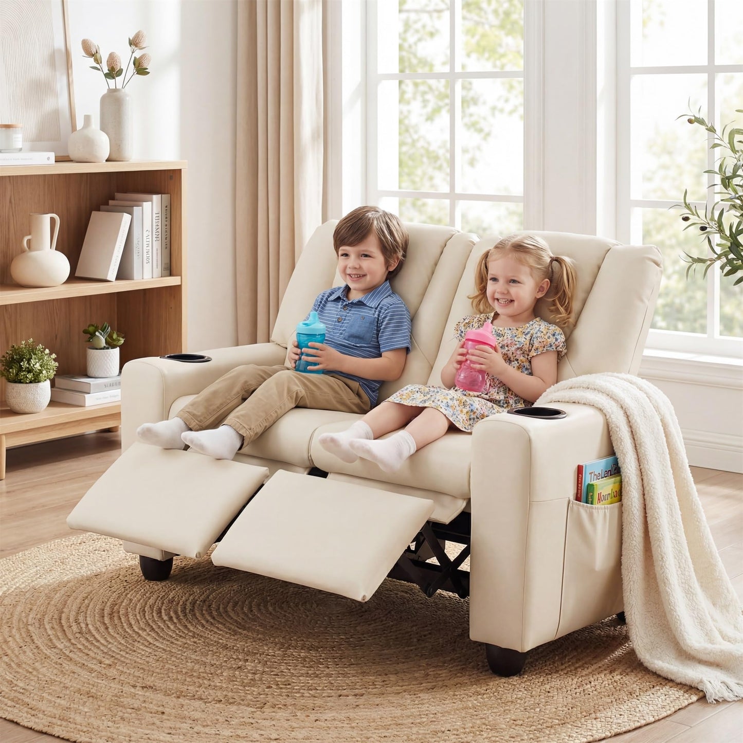 HONEY JOY 2-Seater Kids Recliner, Double Toddler Loveseat Sofa w/2 Cup Holders, 2 Side Pockets, Adjustable Backrest & Footrest, PU Leather Children Couch for Boys Girls Age 3+ (Beige)