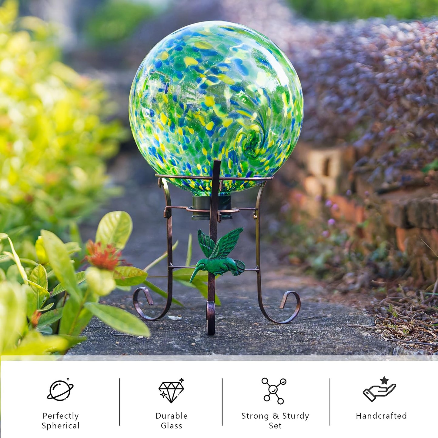 VEWOGIFT 10 Inch Glass Gazing Ball, with 9.4" Tall Metal Gazing Globe Stand, Glass Balls Display Holder Set for Outdoor Garden Lawn Yard Decoration, Bright Summer Burst