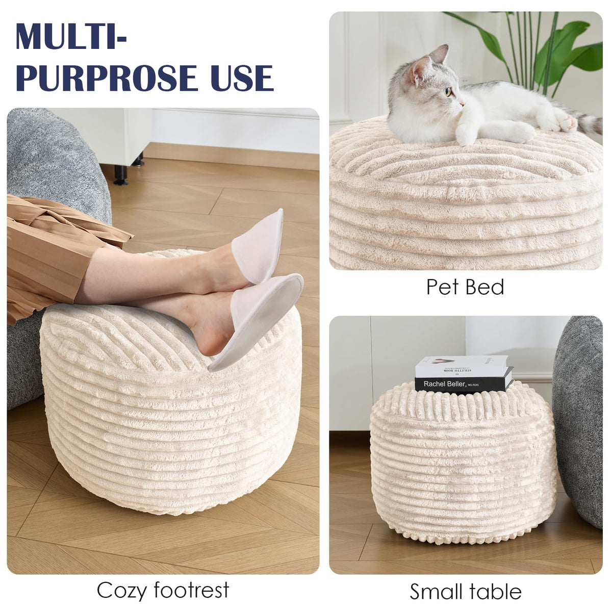 INSPIRE CRAFTER Round Pouf Ottoman,Corduroy Foot Rest,Beige,20x15 in
