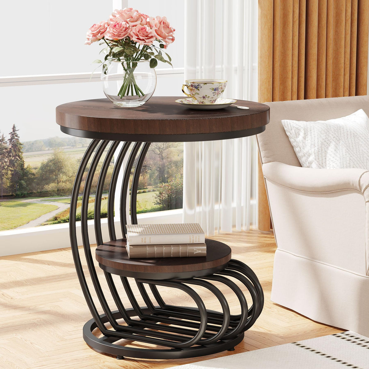 Tribesigns Round End Side Table: Side Table with 2 Tiers Storage Shelves, Vintage End Table for Living Room, Small Bedside Table Accent Table with Arc-Shaped Frame, Rustic Brown