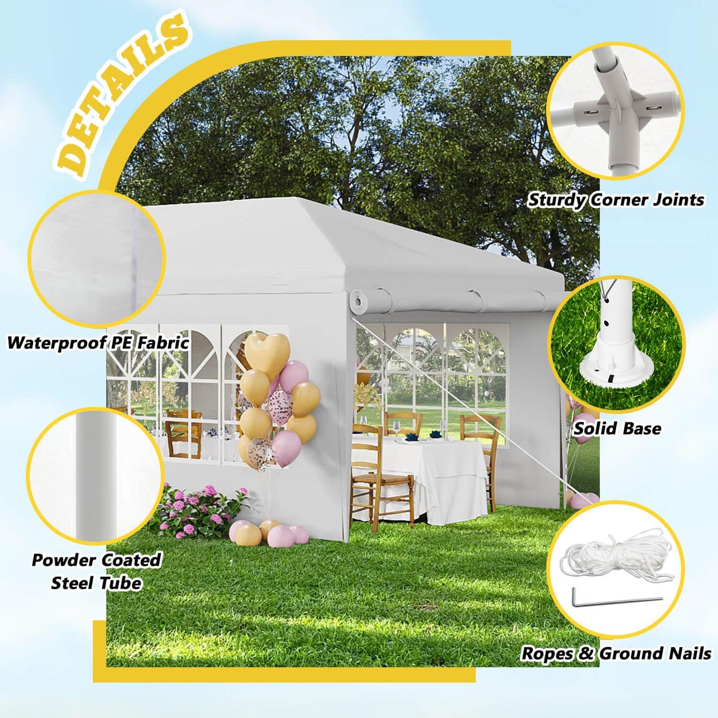 Angel Sar 10'x30' Party Tent with 8 Removable Sidewalls, Waterproof White Outdoor Gazebo for Weddings, Backyard Events, and Markets