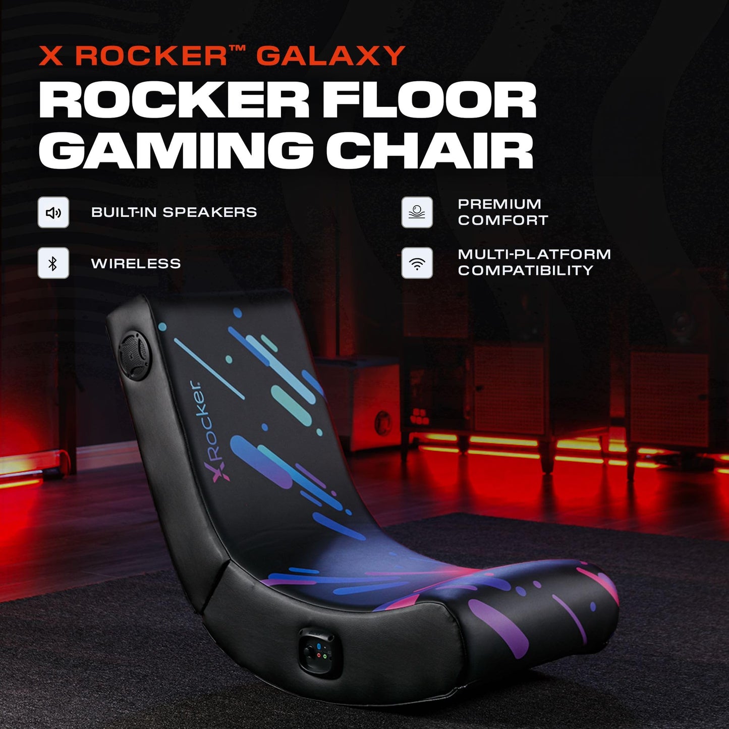 X Rocker Pixel Printed Video Gaming Floor Chair with Headrest Speakers, Wireless Bluetooth, Foldable, Vegan Leather, 300 lbs Max, Amazon Exclusive, Black, Gifts for Gamers